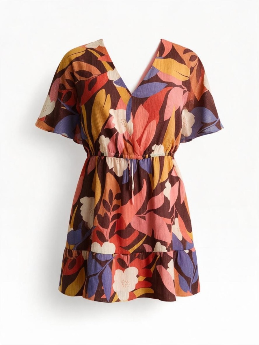 NWT Donna Morgan Brown Multi Metallic Floral V-Neck Drawstring Mini Dress SZ 16